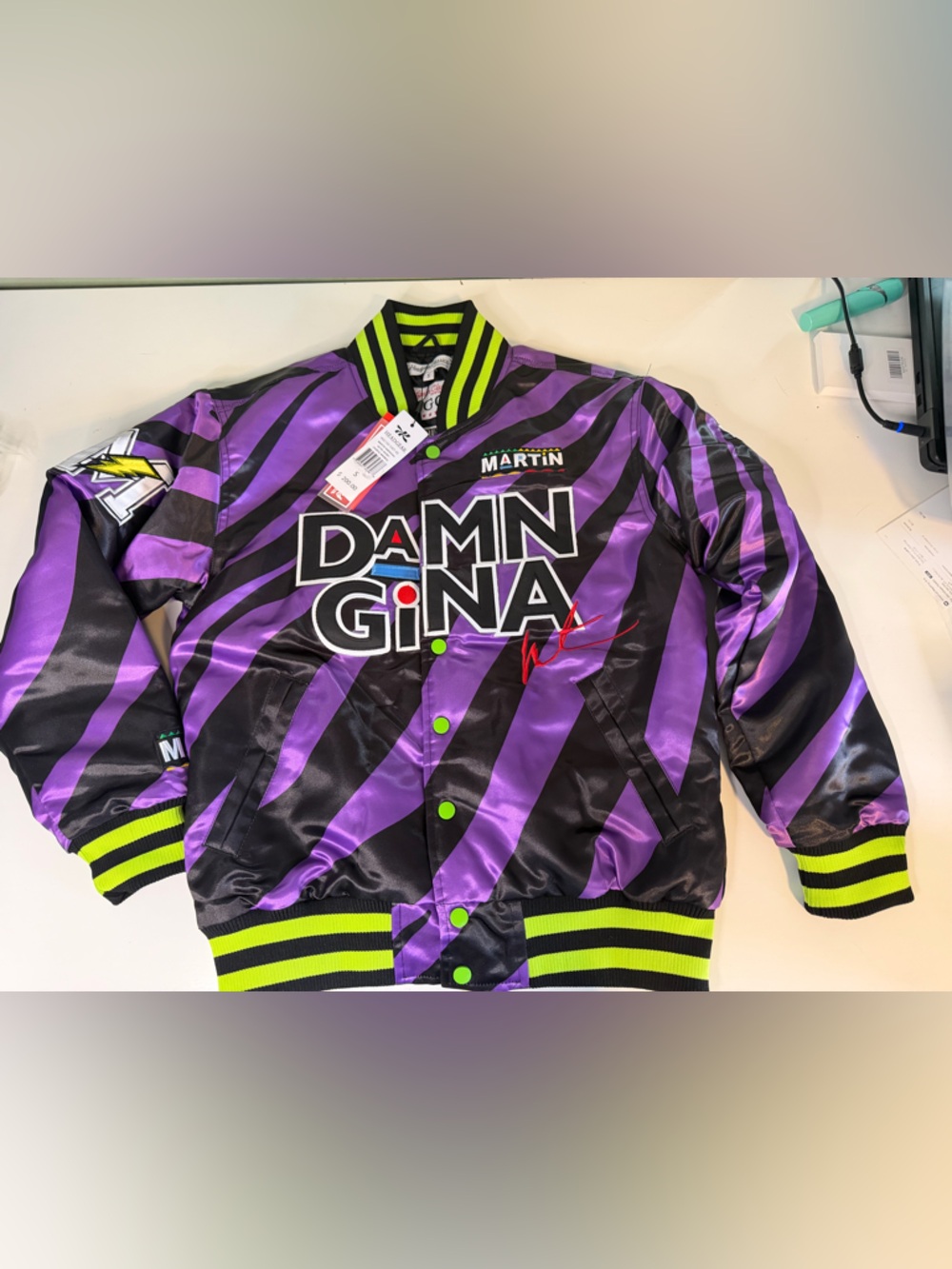 DAMN GINA Purple & Black Satin Bomber Jacket with Neon Accents